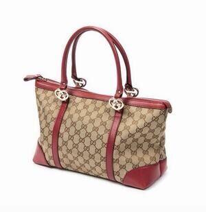 Gucci GG Lovely Tote Beige Canvas Red Leather Trim Gold Heart (Model 257069)